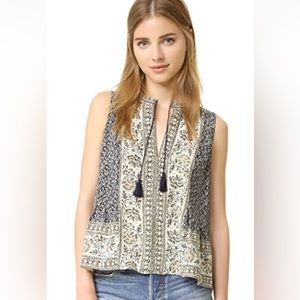 🆕 SEA Sleeveless 100% Silk Patterned Top in Navy Blue&Taupe Colors (Size 2-4)